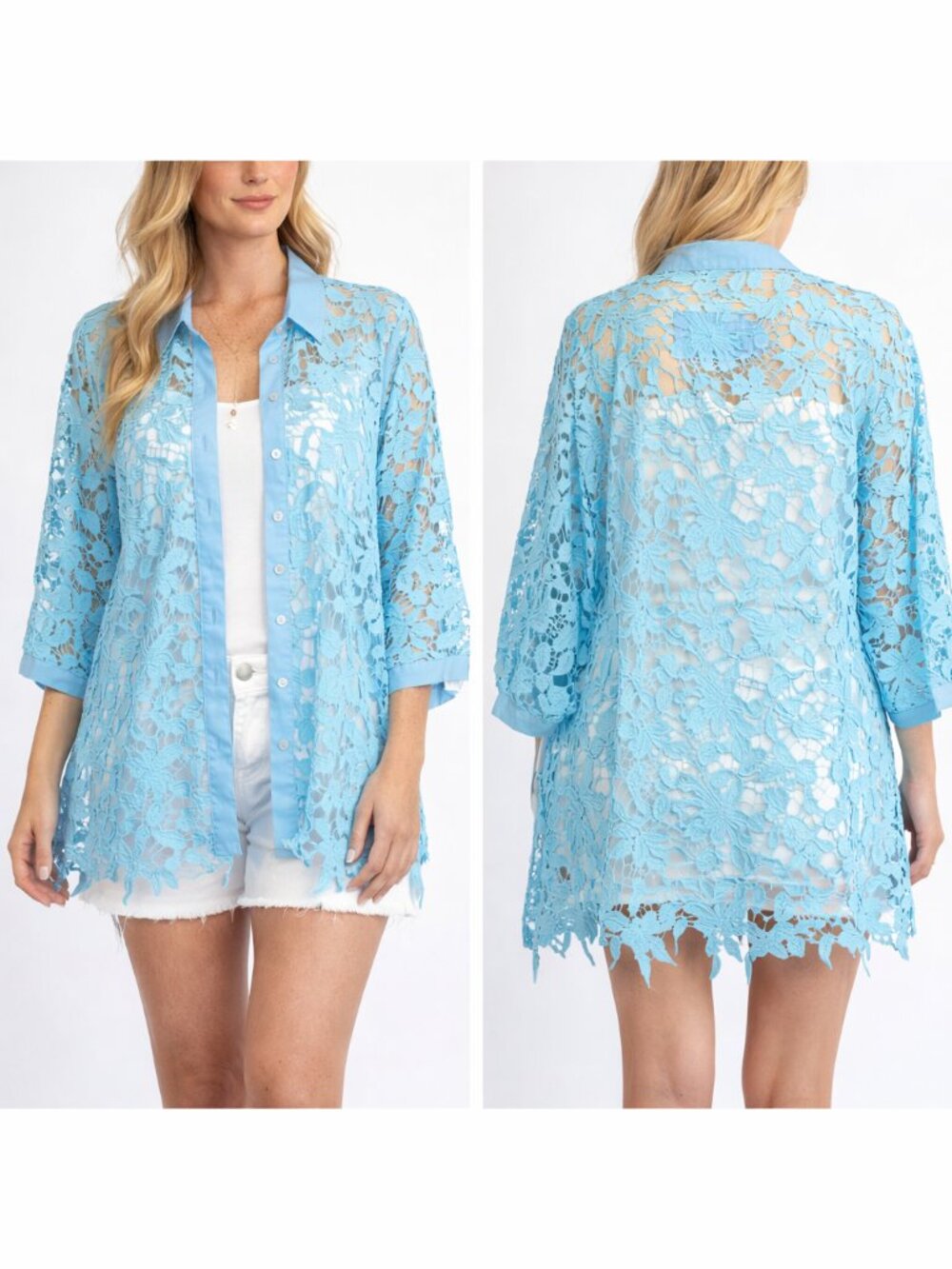 POL Sky Blue Lace Button Down Blouse Small Boho Shacket Cottagecore NWT